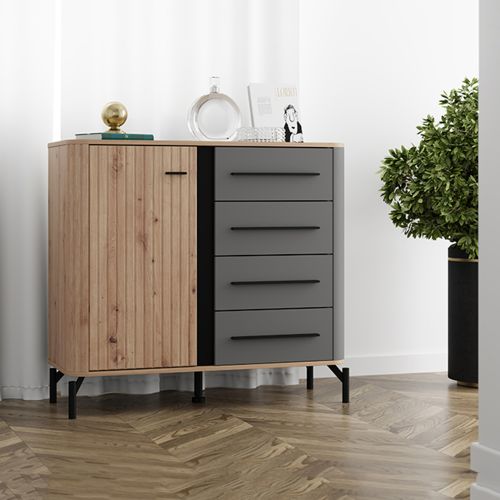 Credenza Marrone Rovere Nodi Nero Antracite 2 Ripiani 4 Cassetti 103x40x94h cm, Un'anta - Carmel