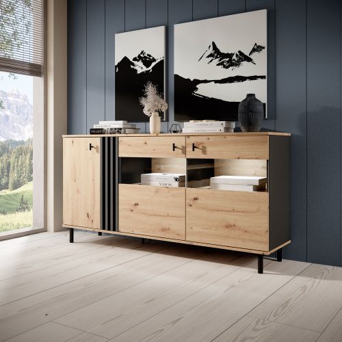 Credenza Marrone Rovere Nodi Nero Antracite 3 Ripiani Apertura Battente 165x40x82h cm, 3 Ante - Hare