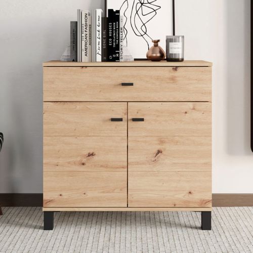 Credenza Marrone Rovere Nodi Nero un Cassetto 2 Ripiani 77x35x78h cm, Apertura Battente, Scorrevole - Pisac