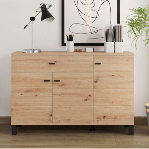 Credenza Marrone Rovere Nodi Nero un Cassetto 3 Ripiani 116x35x78h cm, Apertura Battente, Scorrevole - Uyuni