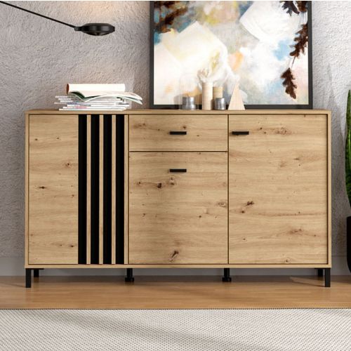 Credenza Marrone Rovere Nodi Nero un Cassetto 3 Ripiani 157x40x90h cm, Apertura Battente e Scorrevole - Guanzate