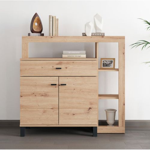 Credenza Marrone Rovere Nodi Nero un Cassetto 4 Ripiani 106x35x101h cm, Apertura Battente, Scorrevole - Banos