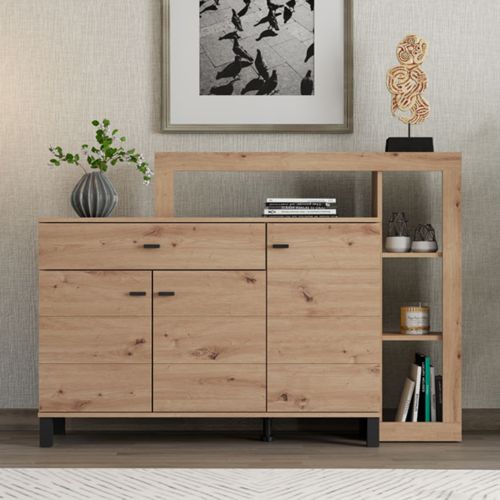 Credenza Marrone Rovere Nodi Nero un Cassetto 5 Ripiani 145x35x101h cm, Apertura Battente, Scorrevole - Piriap