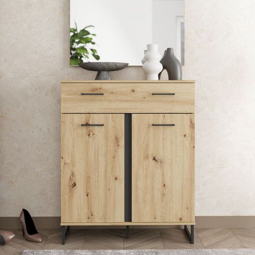 Credenza Marrone Rovere Nodi Nero un Cassetto un Ripiano 85x35x104h cm, Apertura Battente, Scorrevole - Ceredanoo