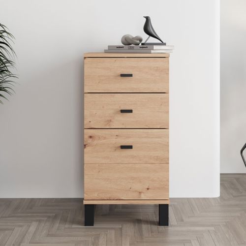 Credenza Marrone Rovere Nodi Nero un Ripiano 3 Cassetti 39x35x78h cm, Apertura Scorrevole - Vilcab