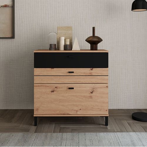 Credenza Marrone Rovere Nodi Nero un Ripiano 3 Cassetti 77x35x78h cm, Apertura Scorrevole - Diani