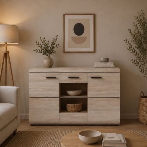 Credenza Marrone Rovere Trasparente 3 Ripiani Apertura Battente 120x42x87h cm, 3 Ante - Hami