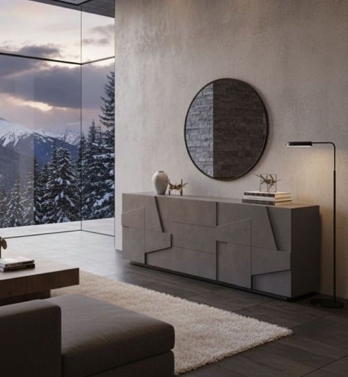 Credenza Mason, Madia da cucina a 4 ante e 3 cassetti, Buffet da soggiorno, 100% Made in Italy, cm 224x44h86, Ardesia