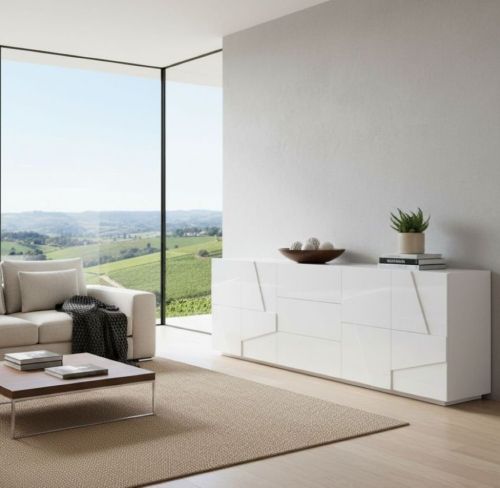 Credenza Mason, Madia da cucina a 4 ante e 3 cassetti, Buffet da soggiorno, 100% Made in Italy, cm 224x44h86, Bianco lucido