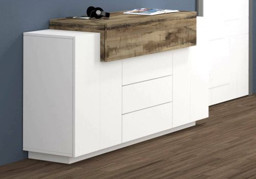Credenza Milo, Madia da cucina a 3 ante e 3 cassetti, Buffet da soggiorno, 100% Made in Italy, cm 160x45h86, Bianco lucido e Acero