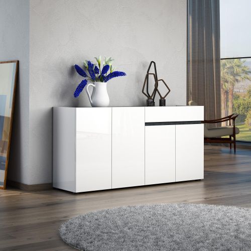 Credenza Monrovia, Buffet da soggiorno, Madia da salotto, Dispensa da cucina, Made in Italy, 160x42h80 cm, Bianco lucido e Antracite