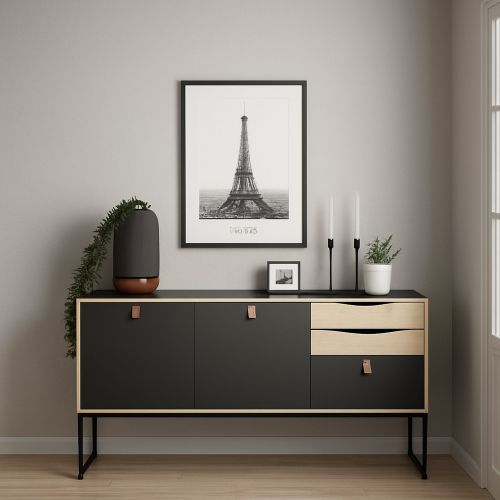 Credenza nera e quercia 147x40x86h cm 2 ante e 3 cassetti - Khan
