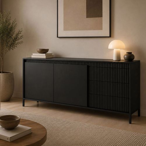Credenza Nero 3 Cassetti 2 Ripiani 154x40x81h cm, Apertura Battente, Scorrevole - Hatomo
