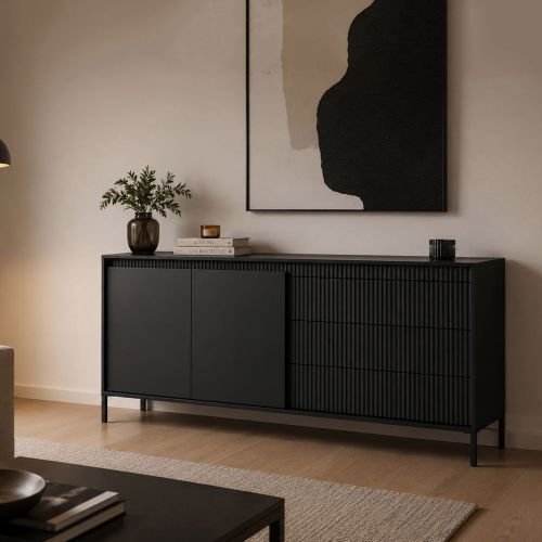 Credenza Nero 3 Cassetti 2 Ripiani 187x40x81h cm, Apertura Battente, Scorrevole - Hatone