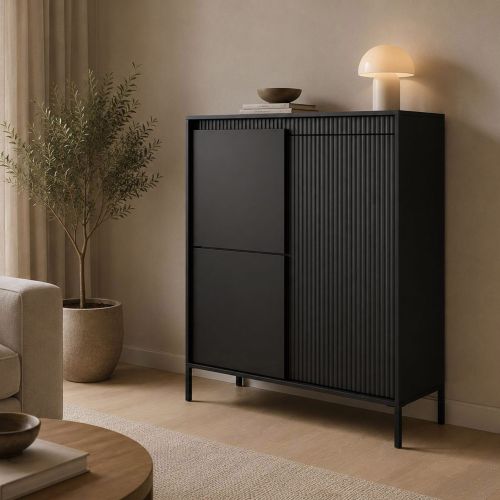 Credenza Nero 5 Ripiani Apertura Battente 104x40x123h cm, 3 Ante - Hatolaro