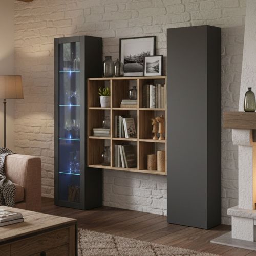 Credenza Nero Antracite 14 Ripiani 2 Ante 40x30x180h cm, 19 Vani - Colonno