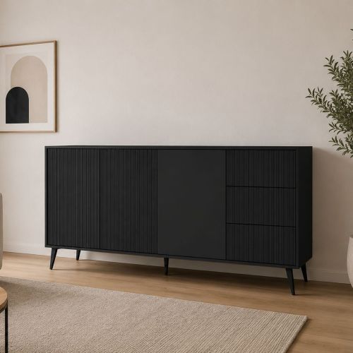 Credenza Nero Antracite 2 Ripiani 3 Cassetti 179x40x98h cm, 3 Ante - Lenasi