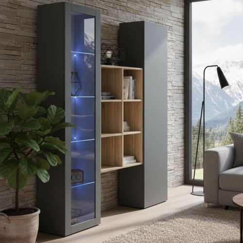 Credenza Nero Antracite 8 Ripiani 2 Ante 40x30x180h cm, 16 Vani - Rimella