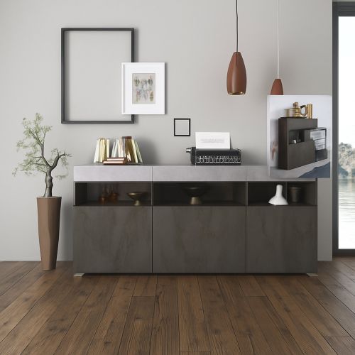 Credenza Nero Antracite Grigio Cemento 3 Ripiani 6 Vani 180x41x80h cm, 3 Ante - Fanna