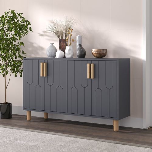 Credenza Nero Antracite Marrone Rovere 2 Ripiani 4 Ante 120x30x74h cm, 4 Vani - Venerina