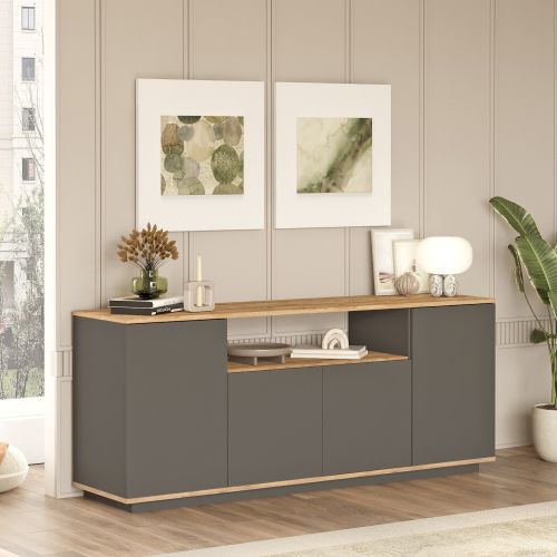 Credenza Nero Antracite Marrone Rovere 3 Ripiani 4 Ante 180x45x75h cm, 6 Vani - Cisliano