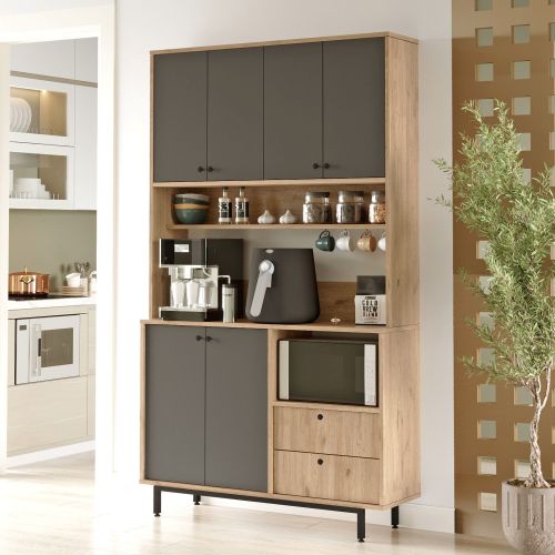 Credenza Nero Antracite Marrone Rovere 4 Ripiani 2 Cassetti 120x36x205h cm, 6 Ante - Pianella