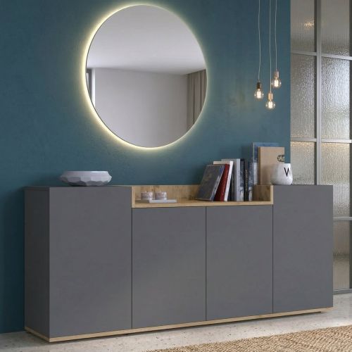 Credenza Nero Antracite Marrone Rovere 6 Ripiani Apertura Battente 160x35x70h cm, 4 Ante Made in Italy - Swink