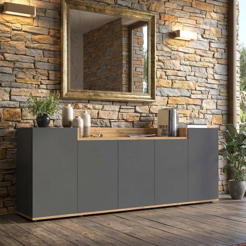 Credenza Nero Antracite Marrone Rovere 7 Ripiani Apertura Battente 200x35x70h cm, 5 Ante Made in Italy - Cordele