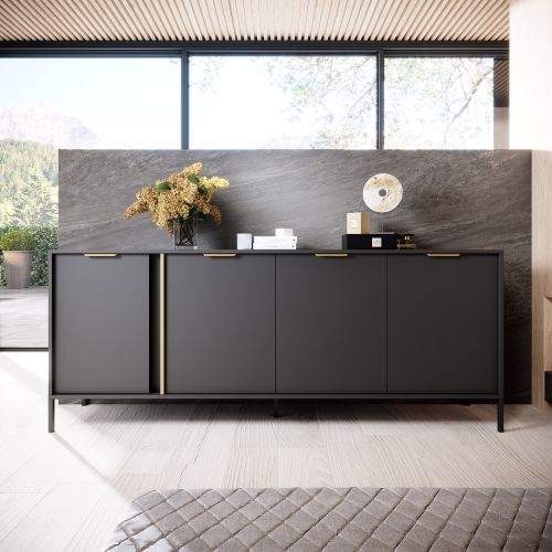 Credenza Nero Antracite oro 4 Ripiani Apertura Battente 203x40x81h cm, 4 Ante - Hamebati