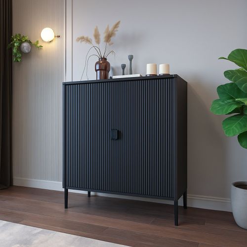 Credenza Nero Cassetti 4 Ripiani 104x40x129h cm, Apertura Battente - Wallis