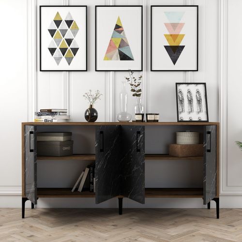 Credenza Nero Marmo Marrone Noce 2 Ripiani 4 Ante 160x35x78h cm, 4 Vani - Sinopoli