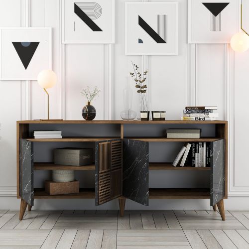 Credenza Nero Marmo Marrone Noce 2 Ripiani 4 Ante 160x35x78h cm, 6 Vani - Thuile