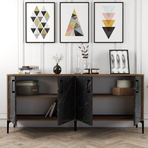 Credenza Nero Marmo Marrone Noce 2 Ripiani 4 Ante 180x35x78h cm, 4 Vani - Pollein
