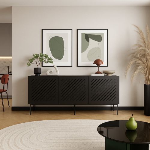 Credenza Nero un Ripiano 3 Vani 150.5x42x75h cm, 3 Ante - Stilo