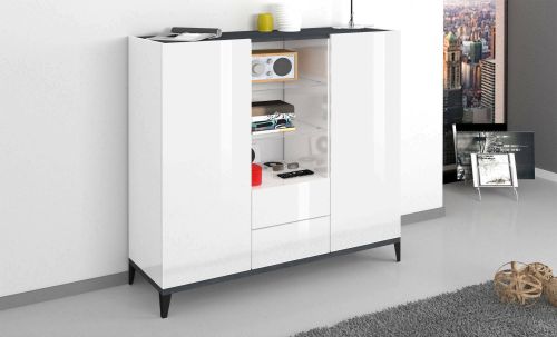 Credenza Niccolò, Madia da cucina a 2 ante e 2 cassetti, Buffet da soggiorno, 100% Made in Italy, cm 120x40h133, Bianco lucido e Ardesia
