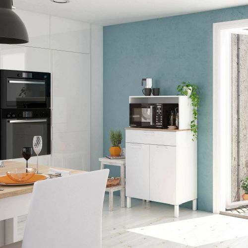 Credenza- Norman, Credenza da cucina a 2 ante, Mobile ausiliario multiuso, Armadio moderno, 72x40h126 cm, Bianco e Rovere