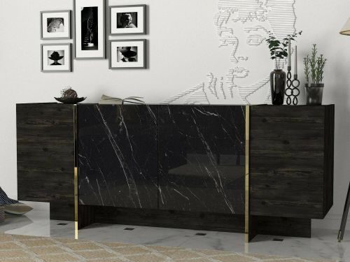 Credenza Okul, Buffet da soggiorno, Madia da salotto, Dispensa moderna da cucina, 180x47h76 cm, Nero e Oro