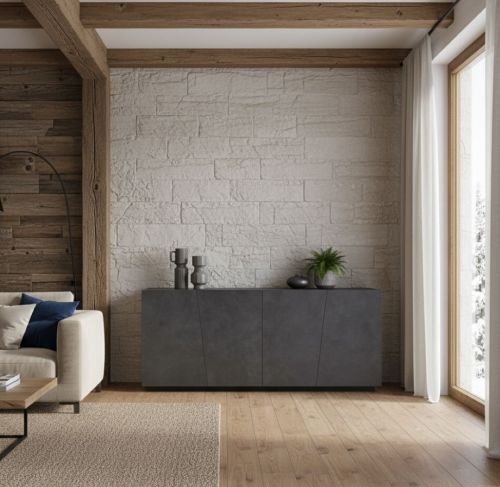 Credenza Oscar, Madia da cucina a 4 ante, Buffet da soggiorno, 100% Made in Italy, cm 200x43h86, Ardesia