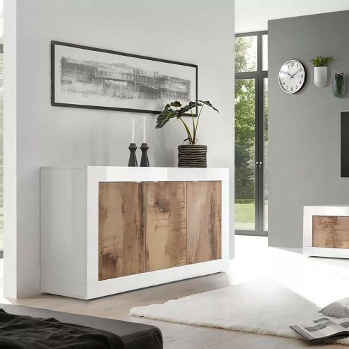 Credenza Osiglia, Buffet da soggiorno, Madia da salotto, Dispensa da cucina, Made in Italy, 160x43 h86 cm, Bianco e Acacia