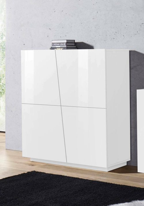 Credenza Pavel, Madia da cucina a 4 ante, Buffet da soggiorno, 100% Made in Italy, cm 120x43h126, Bianco lucido