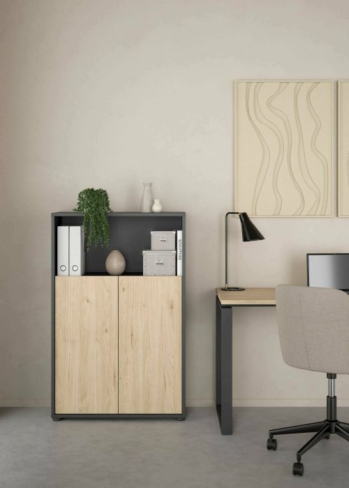 Credenza Perrine, Buffet da soggiorno con ante, Madia da salotto, Credenza moderna, 80x34 h124 cm, Rovere e Grigio