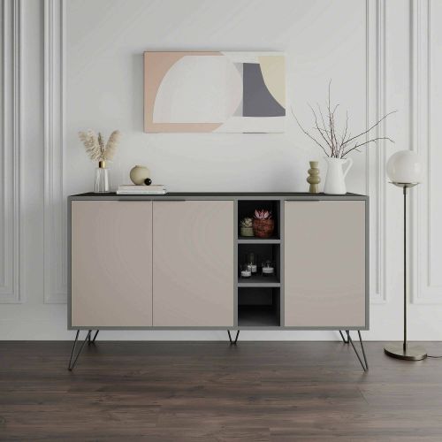 Credenza Perseus, Buffet da soggiorno, Madia da salotto, Dispensa moderna da cucina, 142x36h83 cm, Antracite e Beige
