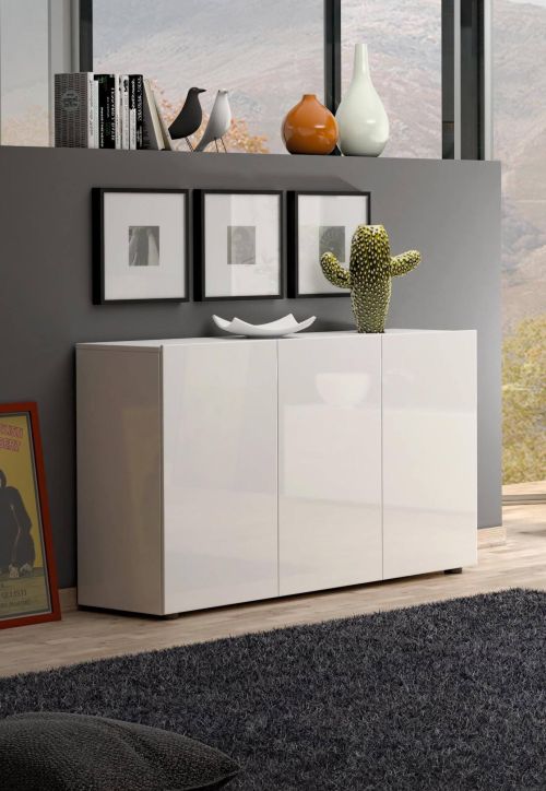 Credenza Polokwane, Buffet da soggiorno, Madia da salotto, Dispensa da cucina, Made in Italy, 135x38h79 cm, Bianco lucido
