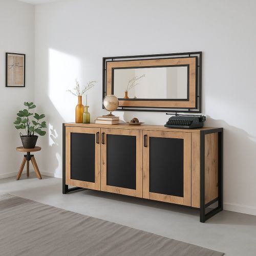 Credenza quercia e nera 140x45x80h cm 3 ante - Arjuna