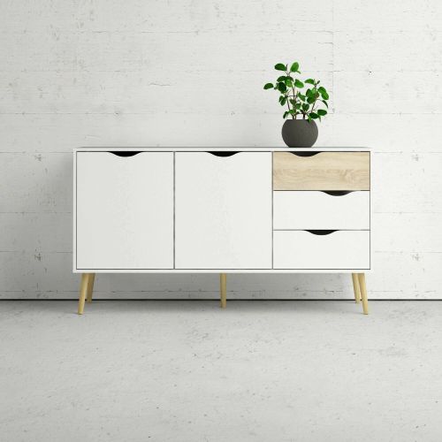 Credenza Renee, Buffet da soggiorno, Madia da salotto, Dispensa da cucina, 147x39 h81 cm, Bianco e Quercia