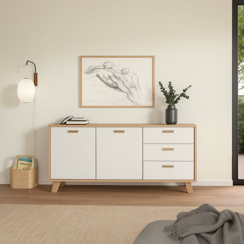 Credenza rovere e bianca 147x39x73h cm 2 ante e 3 cassetti - Pepito