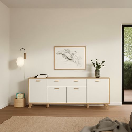 Credenza rovere e bianca 195x39x73h cm 4 ante e 1 cassetto - Wukong