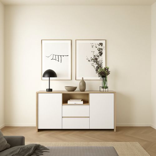 Credenza rovere e bianco lucida 148x48x83h cm 2 ante e 2 cassetti - Alalngar