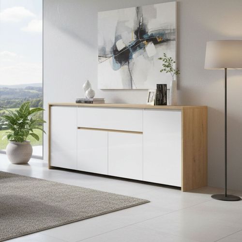 Credenza rovere e bianco lucida 197x48x83h cm 4 ante e 1 cassetto - Basile