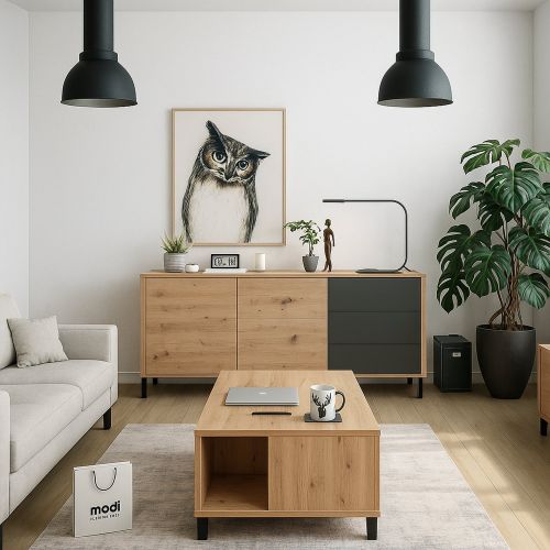 Credenza rovere nodi e antracite 154x41x75h cm 2 ante e 3 cassetti - Ardelia